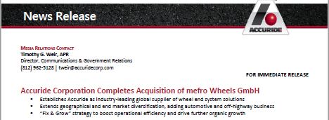 Accuride Corporation Completes Acquisition of mefro Wheels GmbH