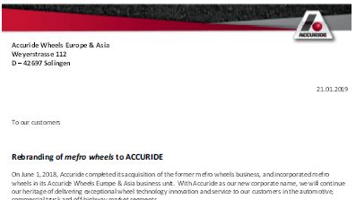 Rebranding of mefro wheels to ACCURIDE